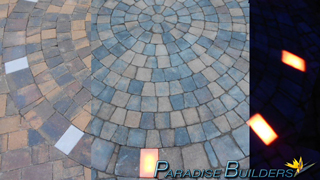 Day to night fade of a paver patio that features night lighting